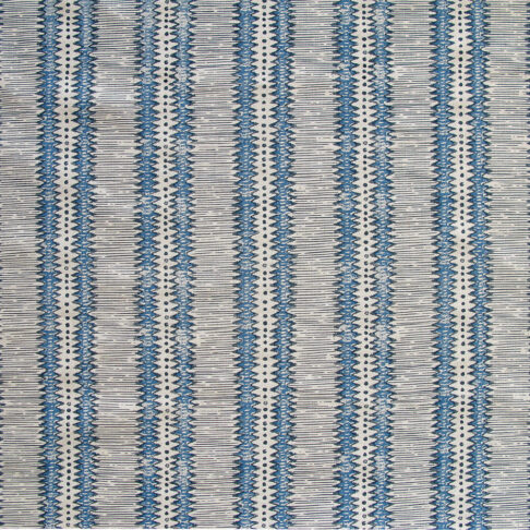 Blue and white, zig-zag striped, hand-printed linen from Rapture & Wright.