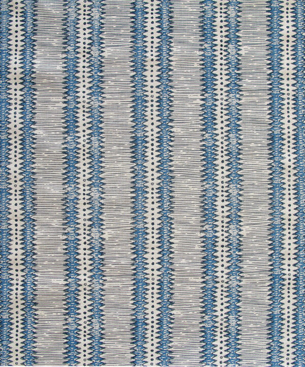 Blue and white, zig-zag striped, hand-printed linen from Rapture & Wright.