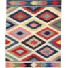 Multi-coloured rug in a vibrant, geometric diamond design reminiscent of Aztec culture.