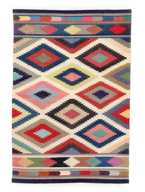 Multi-coloured rug in a vibrant, geometric diamond design reminiscent of Aztec culture.