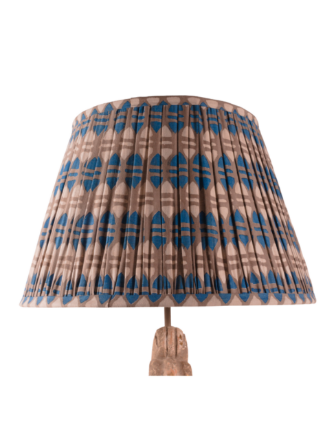 Blue and putty-coloured, block print lampshades.