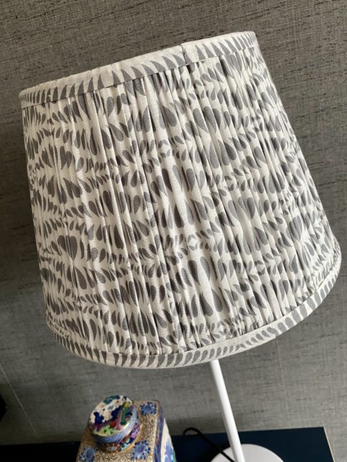 Grey patterned lampshades in an Indian block print available in various sizes.