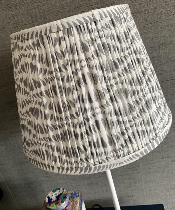 Grey patterned lampshades in an Indian block print available in various sizes.