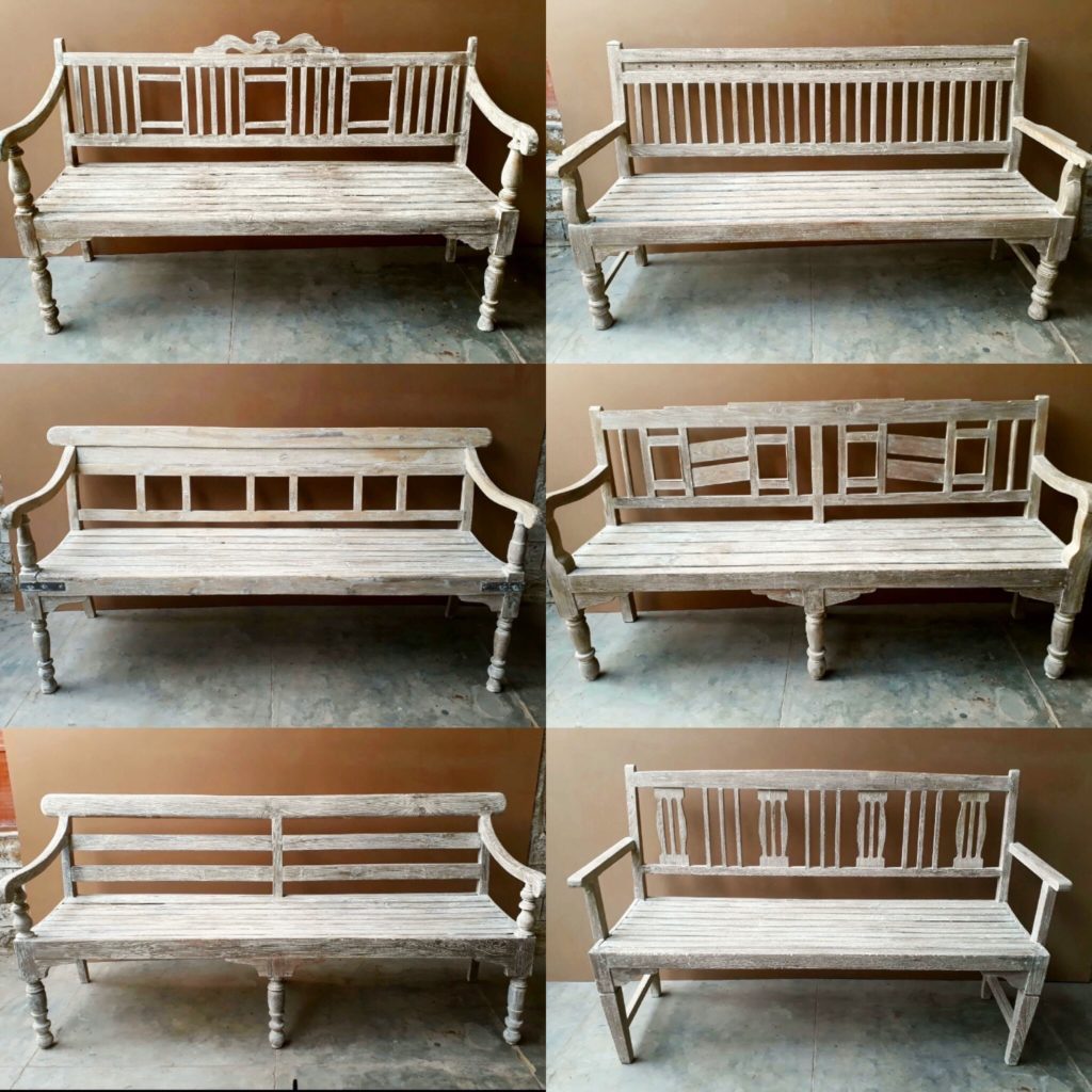 A selection of weathered, teak, Indian benches available through Mahout Lifestyle.