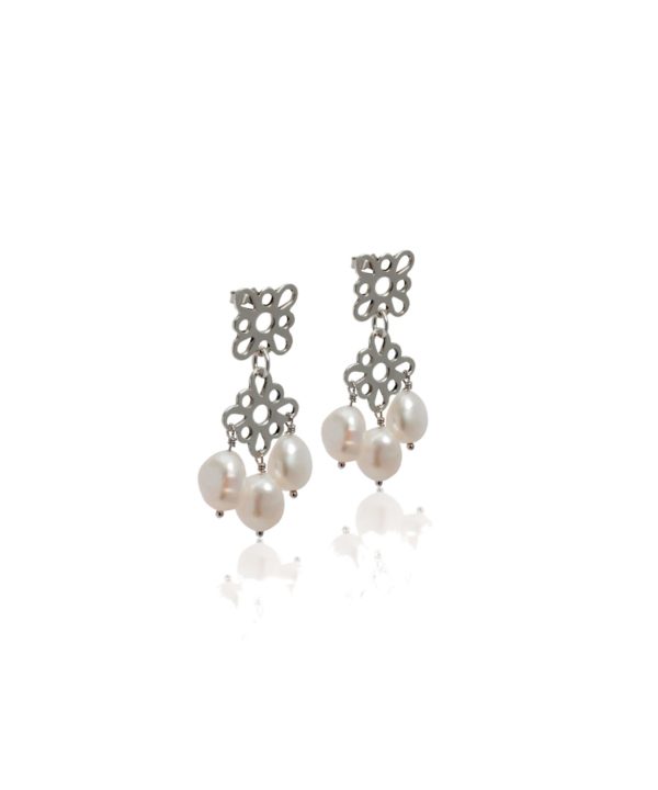 Pearl drop earrings in silver with Greek motif.