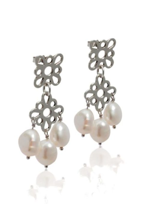 Pearl drop earrings in silver with Greek motif.