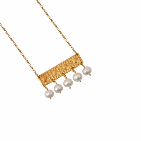 Ancient Greek jewellery style necklace in gold-plated silver and pearl with gold chain.