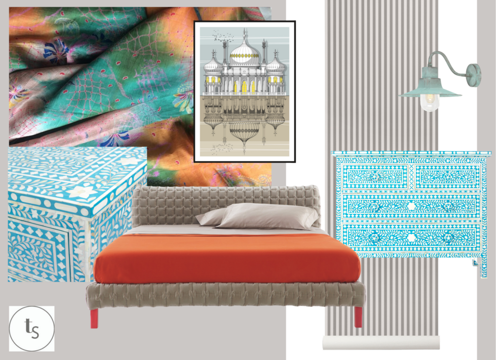 A modern Indian style bedroom scheme from Telescope Style's Room Style Directions series.