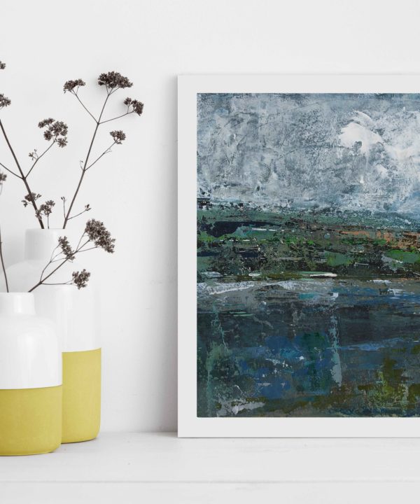 Irish landscapes art by Emma Tweedie, framed and styled next to colourful yellow jars filled with dried meadow flowers.