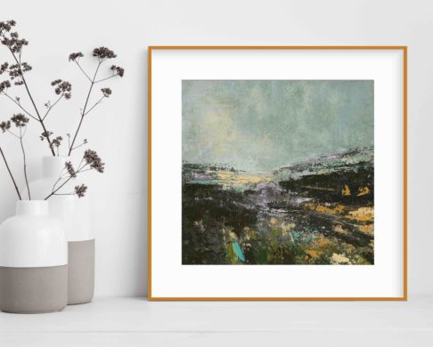 Irish landscape print taken from an original painting entitled Sea Lavender, next to earthenware pots displaying dried meadow flowers.