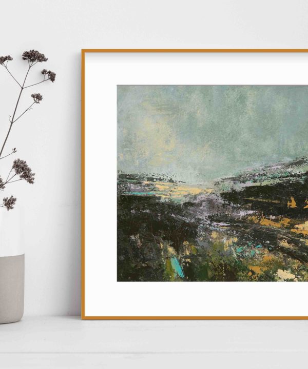 Irish landscape print taken from an original painting entitled Sea Lavender, next to earthenware pots displaying dried meadow flowers.