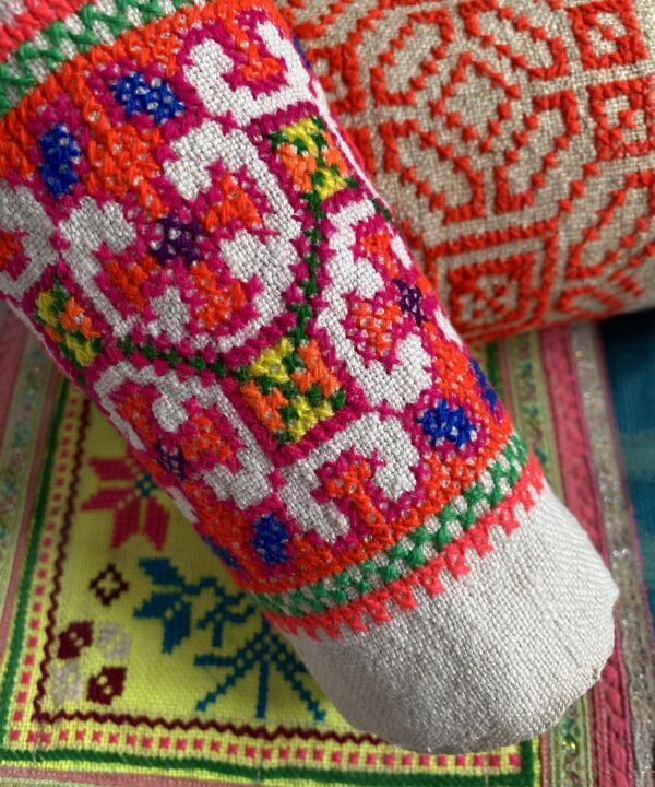 Close up shot of colourful, vintage Thai embroidered trims used for framed wall art.