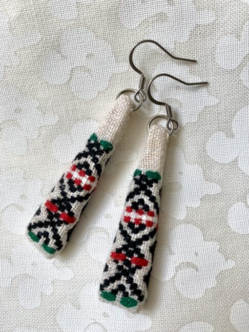 Boho drop earrings handmade using vintage Slovenian embroidery textiles.