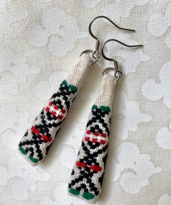 Boho drop earrings handmade using vintage Slovenian embroidery textiles.