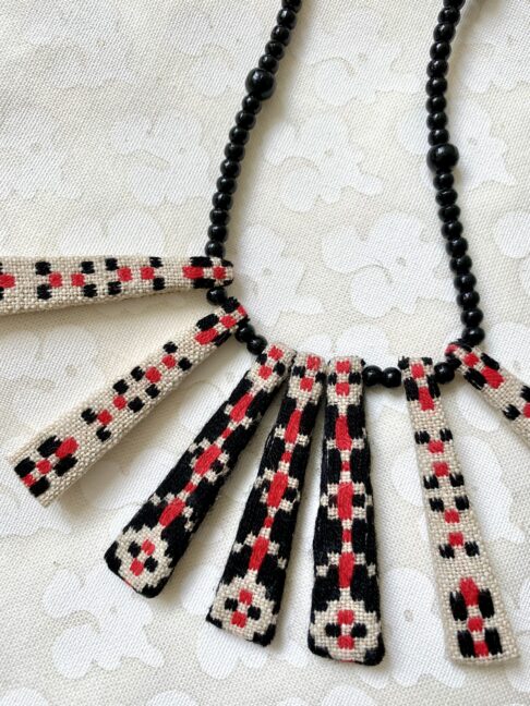 Boho necklace handmade from black and red vintage Slovenian embroidery textile.