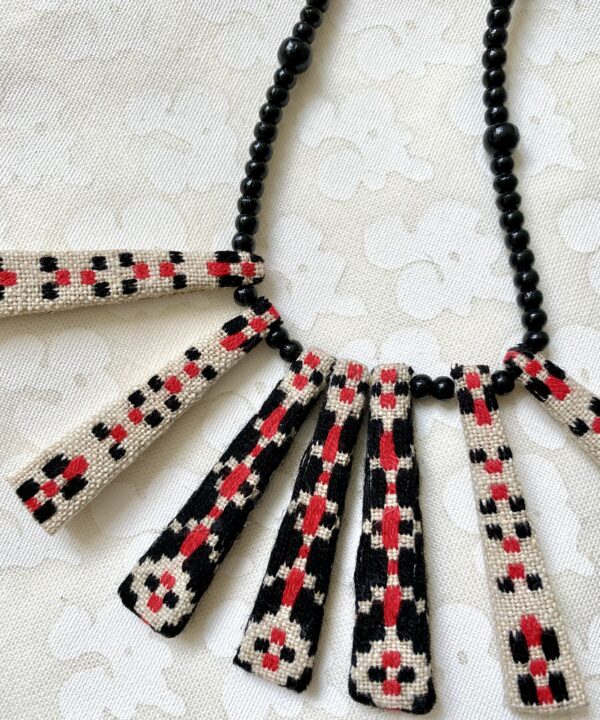 Boho necklace handmade from black and red vintage Slovenian embroidery textile.