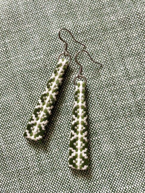 Green drop earrings handmade using vintage Slovenian textiles.