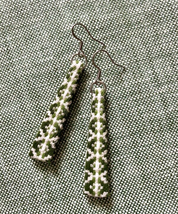 Green drop earrings handmade using vintage Slovenian textiles.