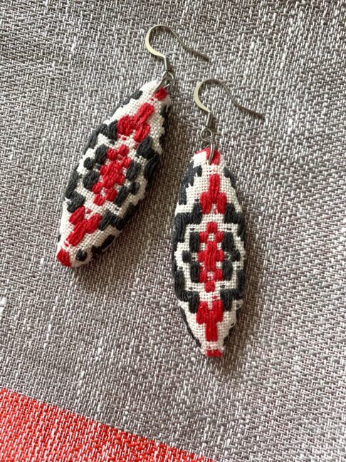 Red and black drop earrings handmade from vintage textiles.