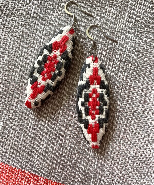 Red and black drop earrings handmade from vintage textiles.