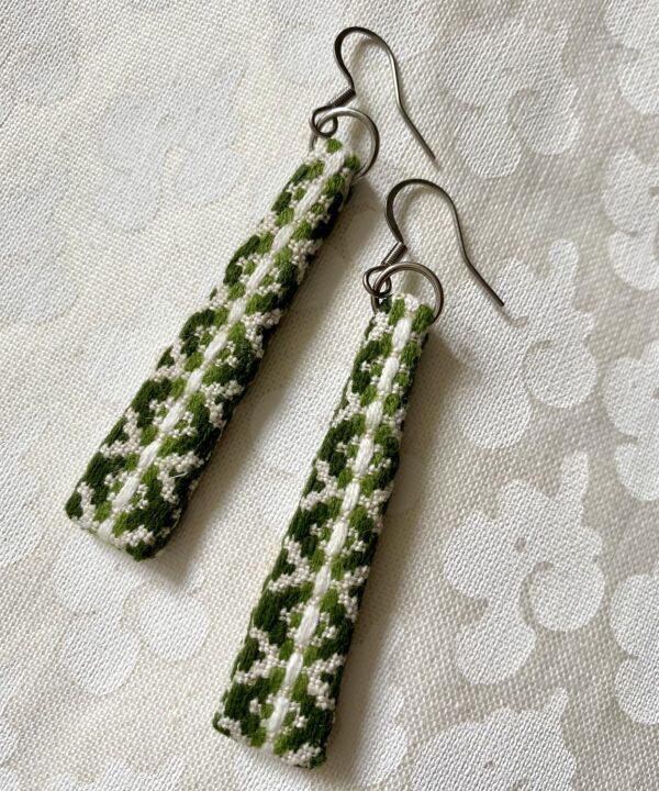 Green drop earrings handmade from vintage Slovenian embroidered textiles.