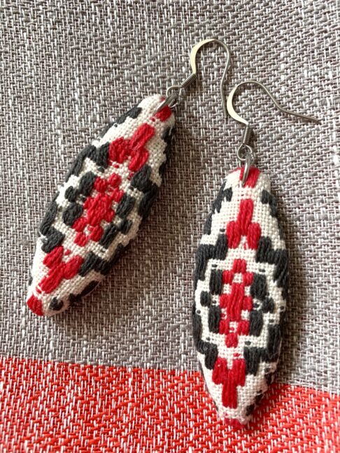 Handmade embroidered earrings in vintage embroidered textiles from Slovenia.