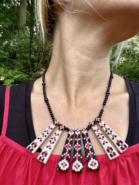 Summer jewellery in red and black, handmade from vintage embroidered fabric.