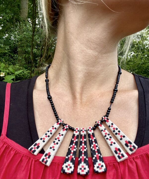 Summer jewellery in red and black, handmade from vintage embroidered fabric.