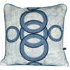 Geometric cushion covers in pale blue with circles motif.