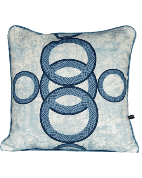 Geometric cushion covers in pale blue with circles motif.