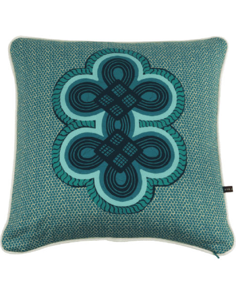 Turquoise cushion covers with an African double knot print.