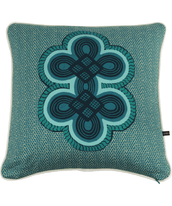 Turquoise cushion covers with an African double knot print.