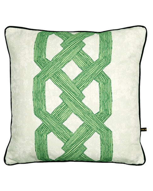 Vibrant green cushions covers with an African, architectural motif.