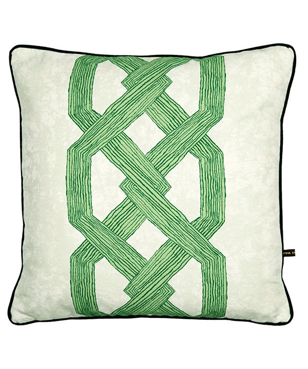 Vibrant green cushions covers with an African, architectural motif.