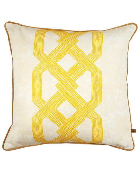 Bold yellow cushion covers with African, Architecturally-inspired pattern.