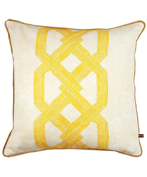 Bold yellow cushion covers with African, Architecturally-inspired pattern.