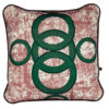 A red and green cushion with West African-inspired concentric circles motif.