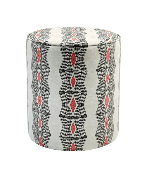 African fabric print footstool in black and red tribal stripe design.