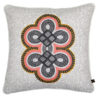 African print cushion covers with a coral double knot motif on a grey ground.