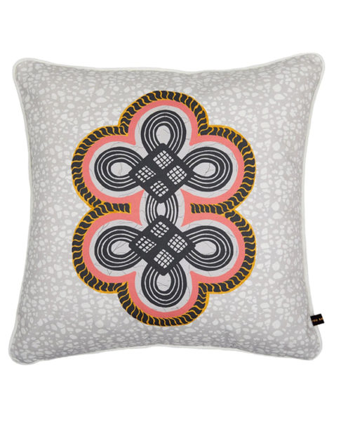 African print cushion covers with a coral double knot motif on a grey ground.