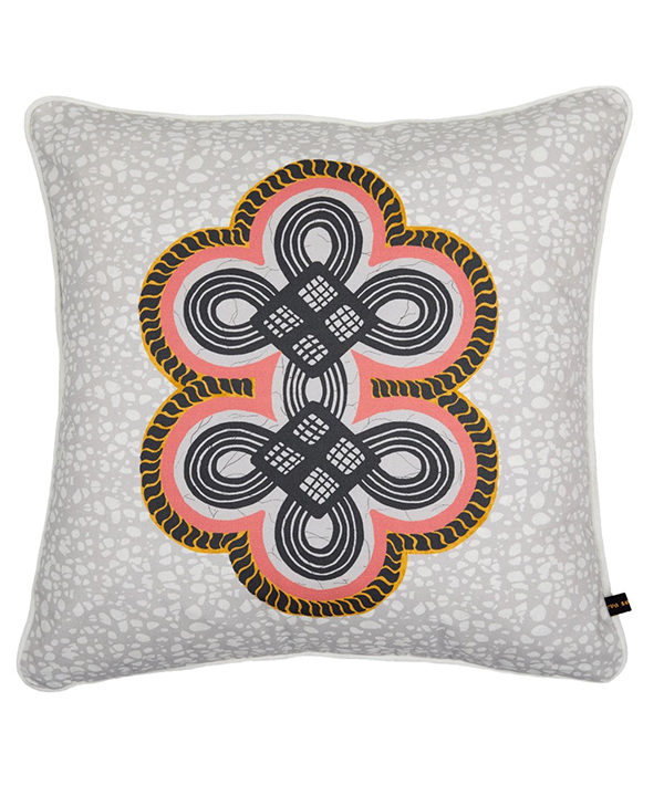 African print cushion covers with a coral double knot motif on a grey ground.