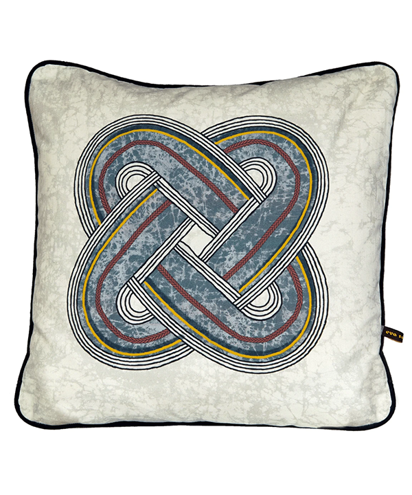 Blue grey cushion covers with traditional Yoruba African knot design.