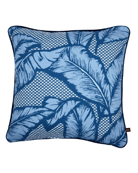 Palm leaf cushion in blue.