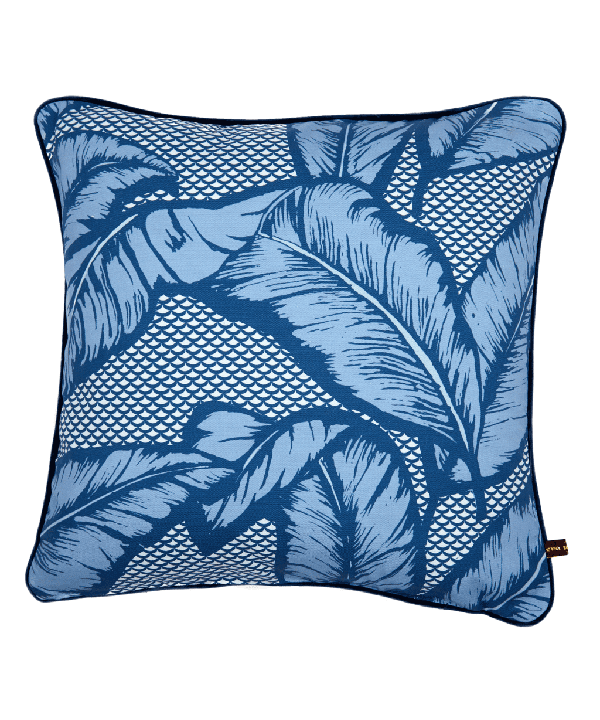 Palm leaf cushion in blue.