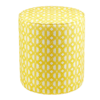 A yellow patterned footstool with stylish, modern African geometric print upholstery.