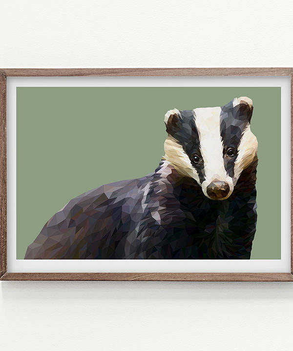 A modern, badger artwork rendered as a fine art Giclée against a green background.