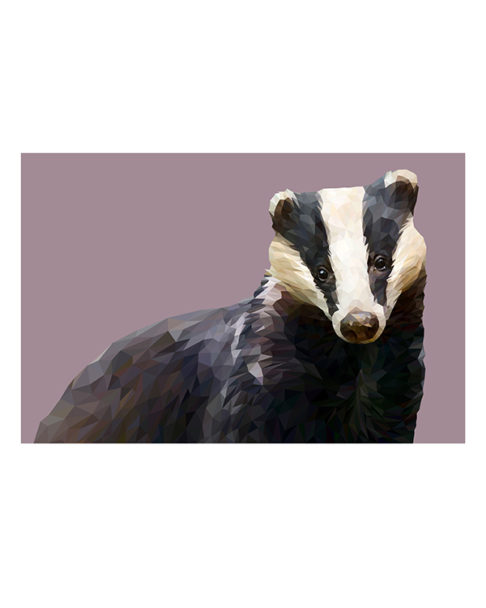 A modern, badger print rendered as a fine art Giclée against a mauve background.