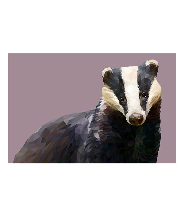 A modern, badger print rendered as a fine art Giclée against a mauve background.