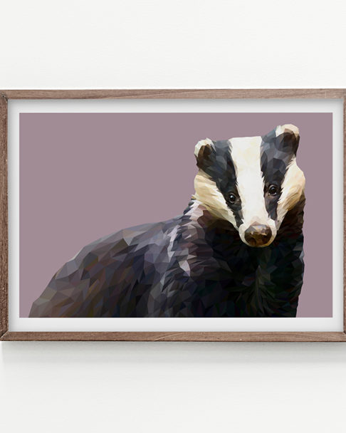 A modern, badger artwork rendered as a fine art Giclée against a heather background.