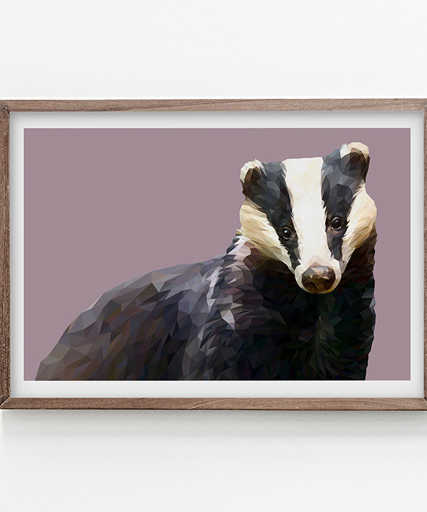 A modern, badger artwork rendered as a fine art Giclée against a heather background.